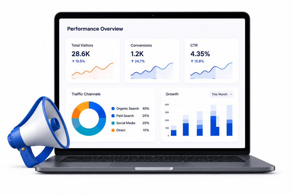 Digital marketing mockup with laptop and analytics