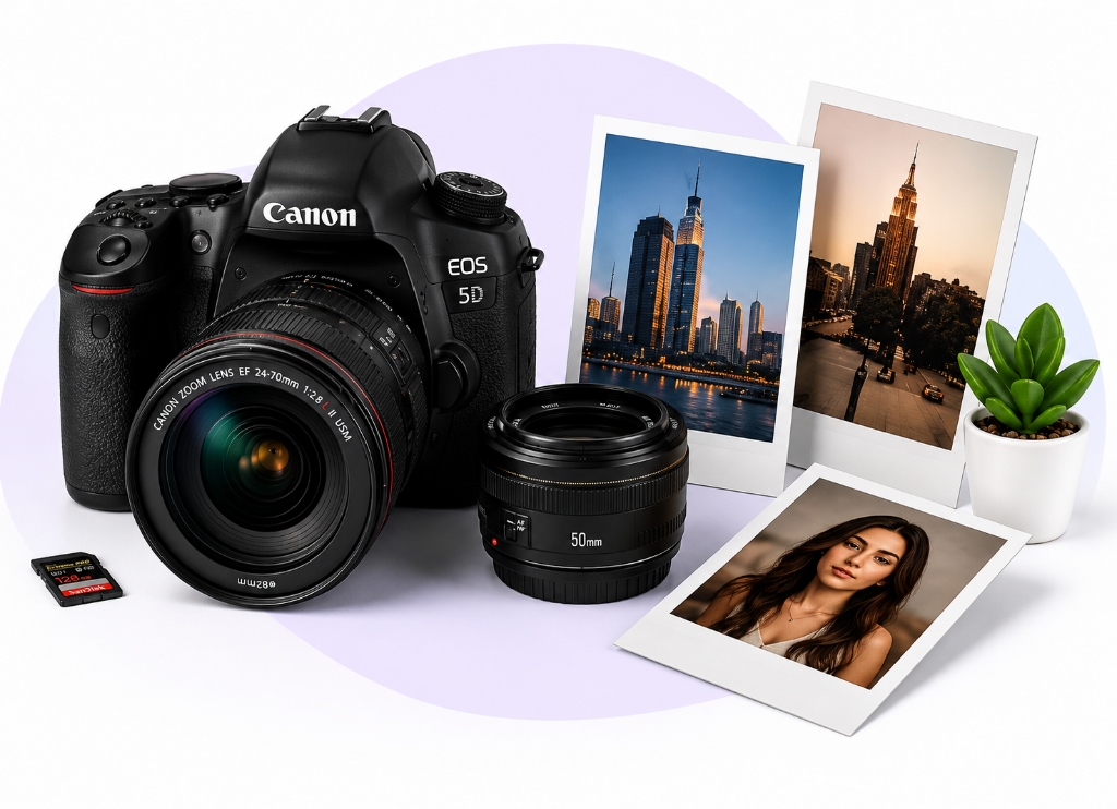 DSLR camera, photo lenses, and prints mockup