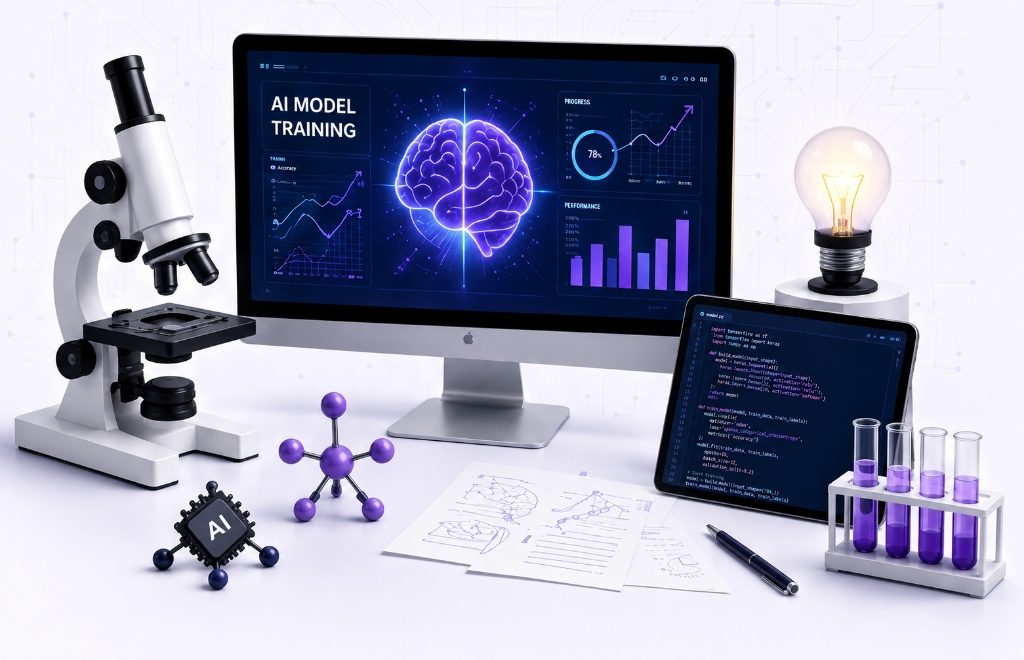 R&D laboratory microscope and analytics display