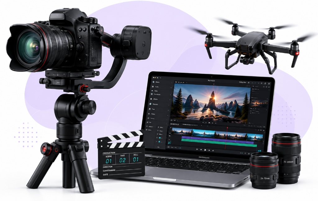Cinematic cameras and drones illustration